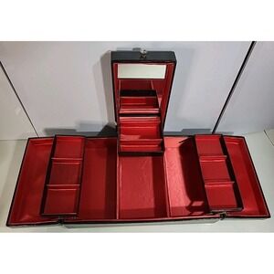 Vintage MCM Jewelry Box Tri Fold Red Satin Lined Black Vinyl Like Mirrored